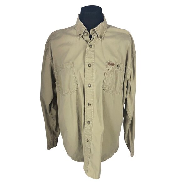 Carhartt Men Khaki Large Distressed Button-Up Shirt Cotton Long Sleeve - Picture 1 of 9